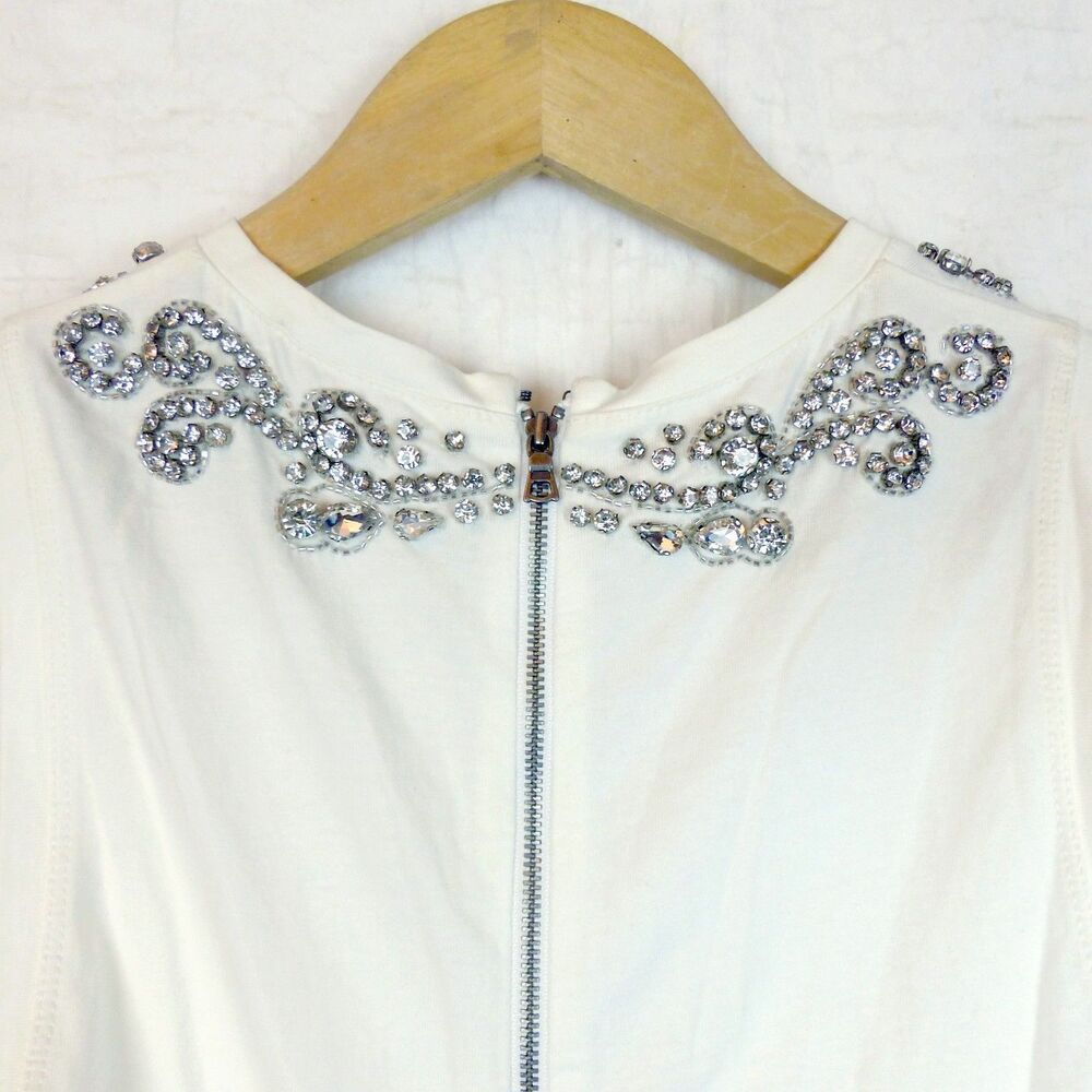 Alice + Olivia Kappa Embellished Tank Top Womens S Off White Rhinestone Ruched - Picture 13 of 15